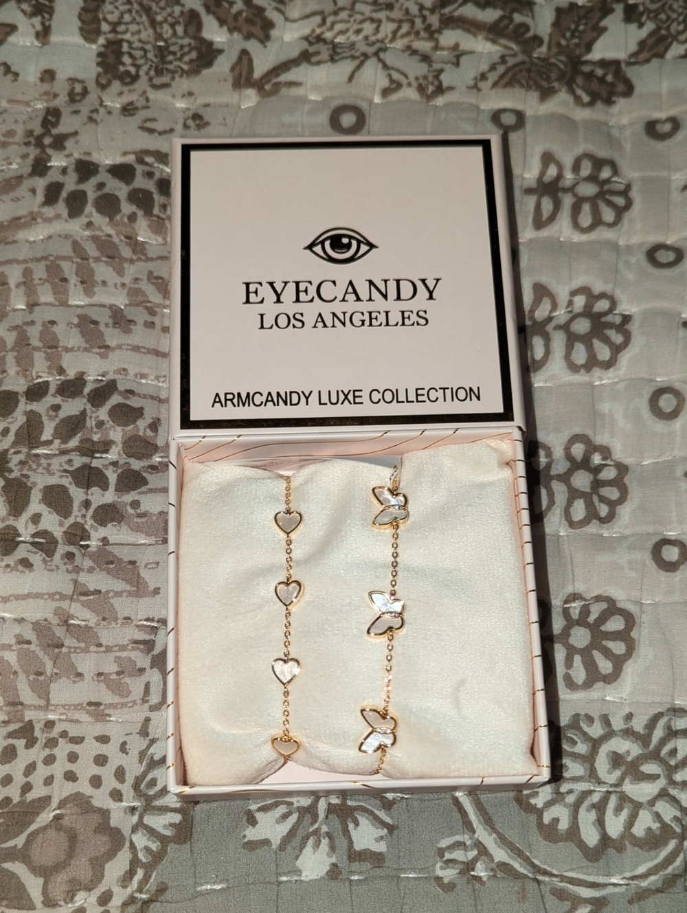 eye candy Gold Heart & Butterfly Bracelet Set with Pink-White Enamel